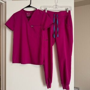 Figs Magenta Scrub Set with Blue Accents